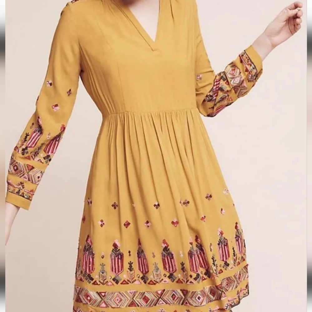 Anthropologie Floreat Raella Yellow Embroidered Party Dress Pockets S